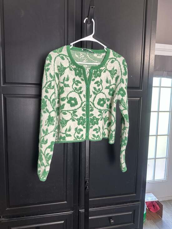 Zara Sweaters - Zara Floral Jacquard Knit Cropped Cardigan Green White Size L #360